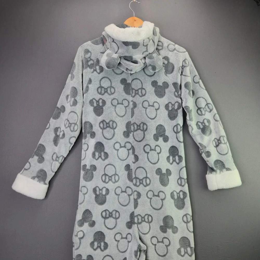 Disney Minnie Mouse Fleece Union Suit Pajamas Small Gray Hooded One Piece Plush - Picture 12 of 16